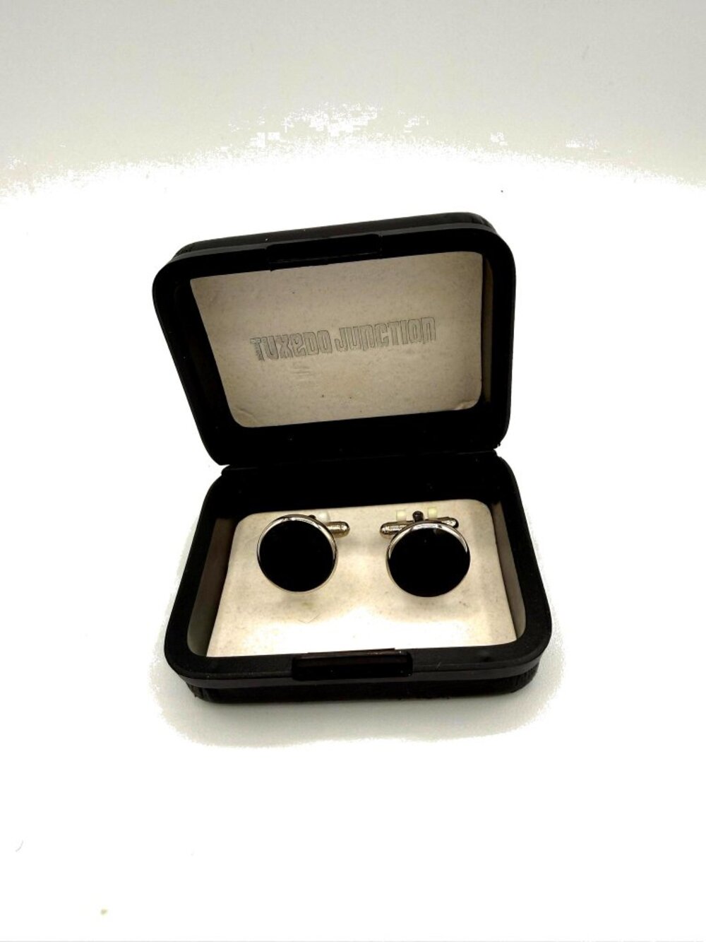 Tuxedo Junction Black Cufflinks Silver Tone Formal Wedding Accessories Gift Box